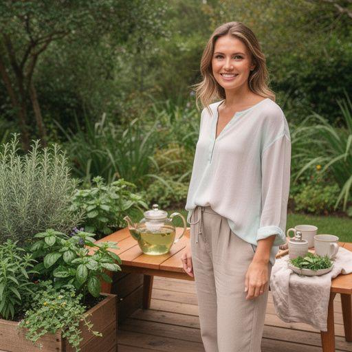 Zelené bylinky a kvety usporiadané v pohári vedľa šálky čaju